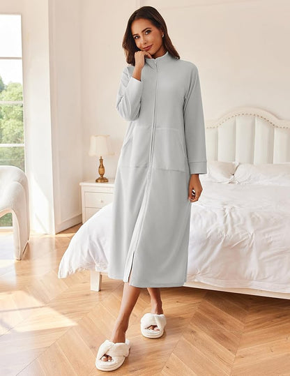 Ekouaer Women Zipper Robe Long Sleeves House Coat Soft Bathrobe Sleepwear with Pockets Housecoat Loungewear