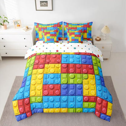 Feelyou Colorful Toy 7 Piece Bedding Set Teen Women Men Funny Building Blocks Decoration Comforter Set with Sheets King Size Kids Boys Colorful Geometric Brick Bed in a Bag Cute Games Room Decor