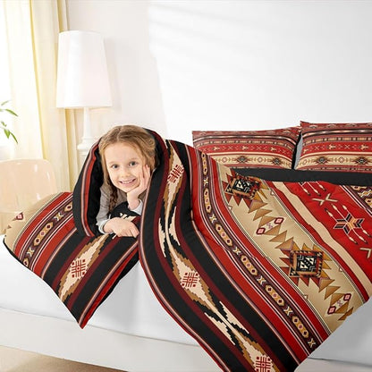 Aztec Quilt Ethnic Tribal Arrow Comforter Set,Retro Southwest Native Bohemian Bedding Set King,Western Star Geometric Sriped Duvet Insert African Tribe Exotic Nordic Style Boho Decor,Red and Black