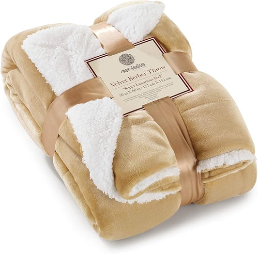 Genteele Sherpa Throw Blanket Super Soft Reversible Ultra Luxurious Plush Blanket, 50 x 60 inches, Camel/White