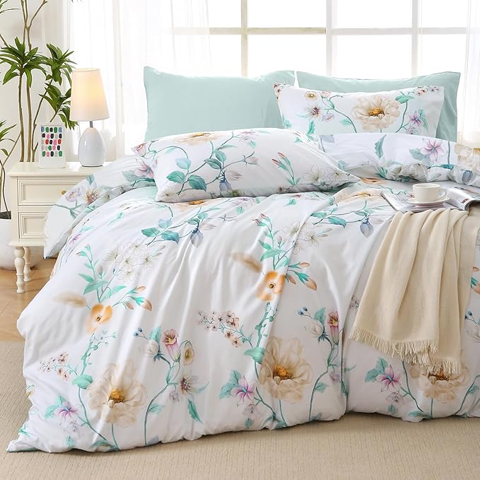 MUXHOMO Green Branch Bed in a Bag King 7 Pieces, King Comforter Set Reversible Botanical Flowers Design, Ultra Soft & Breathable Bedding Sets with Comforter, Sheets, Pillowcases & Shams