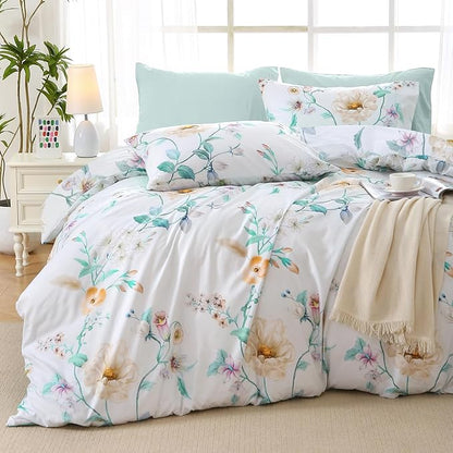 MUXHOMO Green Branch Bed in a Bag King 7 Pieces, King Comforter Set Reversible Botanical Flowers Design, Ultra Soft & Breathable Bedding Sets with Comforter, Sheets, Pillowcases & Shams