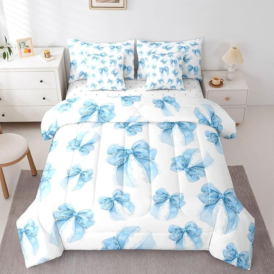 Erosebridal Kawaii Cute Girls Bowknot Blue King 7-Piece Comforter Set | Lace Dreamy Sheets and Pillowcases Princess Bed in A Bag Bow Kids Bed Sets