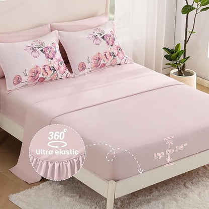 Queen Comforter Set - 7 Pieces Bed in a Bag Pink Floral Queen Comforter Set with Sheets, Soft Microfiber Flower Complete Bedding Set for All Seasons（Pink,90"x90"）