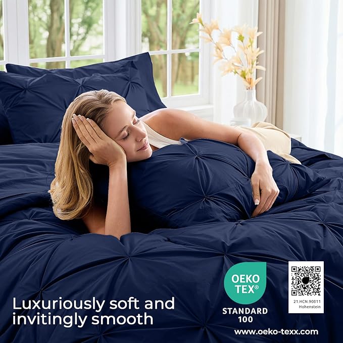 Sasttie Twin Comforter Set, 5-Piece Bed in a Bag, Pintuck Bedding Sets for All Season, Includes Comforter, Flat Sheet, Fitted Sheet, Pillowcase and Pillowsham, Navy