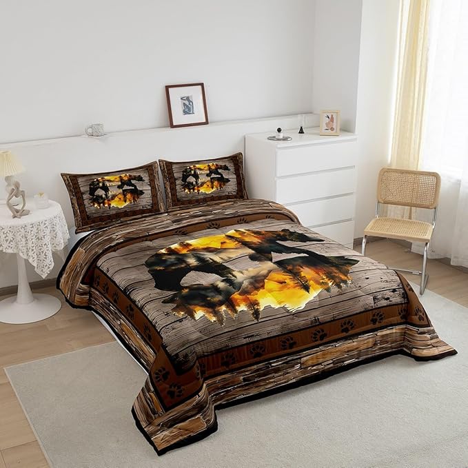 Feelyou Rustic Bear Bedding Set Wild Animal Hunt Comforter Set for Kids Boys Girls Pine Trees Retro Comforter Paw Print Quilt Set Bedroom Collection 2Pcs Toddler Size