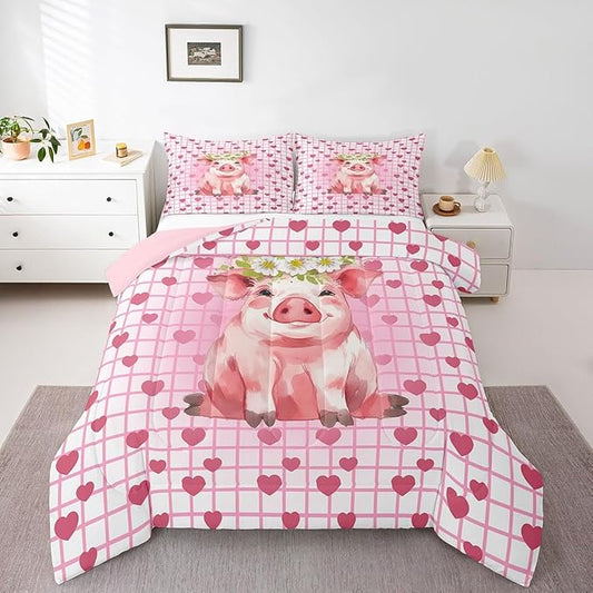 Cute Pig Bedding Set Queen, Cherry Blossoms Comforter Set For Girls Kids, Cartoon Pet Animal Duvet Set, Pink Grid Heart Pattern Lattice Quilted Duvet, Farmhouse Bedding Comforters, All Season