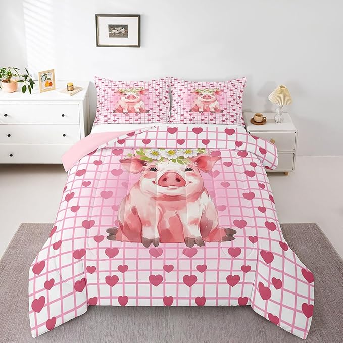 Cute Pig Bedding Set Full, Cherry Blossoms Comforter Set For Girls Kids, Cartoon Pet Animal Duvet Set, Pink Grid Heart Pattern Lattice Quilted Duvet, Farmhouse Bedding Comforters, All Season