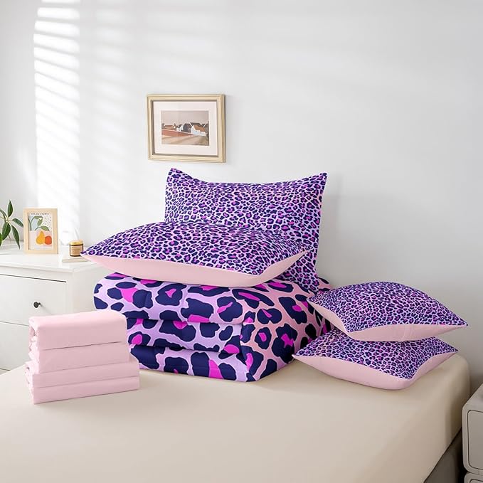 Feelyou Girls Leopard Print Comforter Set King Size 7 Pcs Women Purple Leopard Comforter Bed in a Bag Safari Wild Animal Bedding Set for Teens Pink Bed Set with Sheets, Pillowcases, Pillow Covers