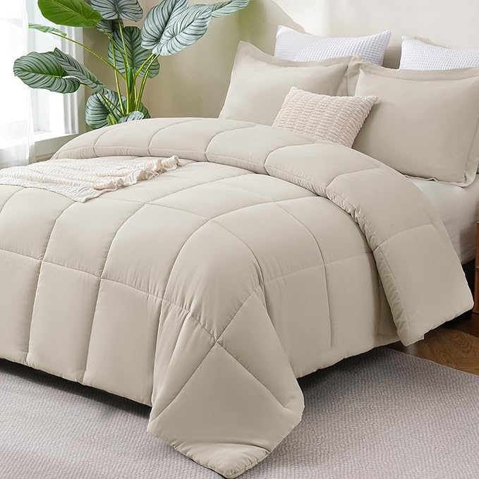 CozyLux Twin/Twin XL Comforter Set Beige - 2 Pieces Box Stitched Twin Bed Set for Teen Boys and Girls with All Season, Soft Lightweight Bedding Sets with 1 Down Alternative Comforter and 1 Pillow Sham