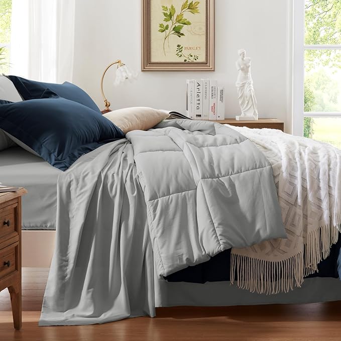 Anluoer Twin Size Bed in a Bag 5 Pieces, Navy and Grey Bed Comforter Set with Sheets, All Season Bedding Sets with 1 Comforter, 1 Pillow Sham, 1 Pillowcase, 1 Flat Sheet, 1 Fitted Sheet