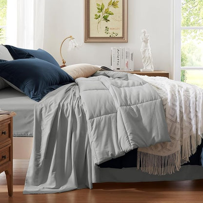 Anluoer California King Size Bed in a Bag 7 Pieces,Navy and Grey Cal King Comforter Set with Sheets,All Season Bedding Sets with Comforter,Pillow Shams,Pillowcases,Flat Sheet,Fitted Sheet