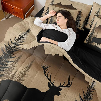 Erosebridal Woodland Cute Deer Bed in A Bag (King Size,7 Pieces) | Deer Hunting Comforter Set with Sheets Rustic Cabin Lodge Bedding Set for Kids Boys Girls Western Animal Silhouette Duvet Insert