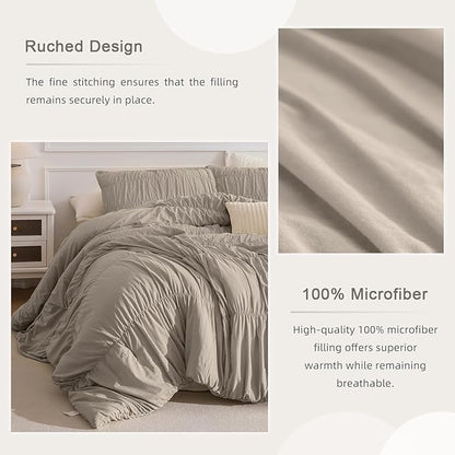 Masaca Queen Comforter Set(90"x95"),Linen Like Textured Ruched Ruffle Comforter for Queen Bed,3 Pieces Fluffy Shabby Boho Chic Farmhouse Bedding Comforter Set Ultra Soft