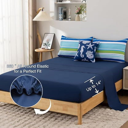Holawakaka Beach Stripe Bedding Sets 6 Pieces, Navy Blue Coastal Striped Comforter Set King Size All Season Geometric Bed Set, Nautical Bed in a Bag with Comforter,Sheets and Shams