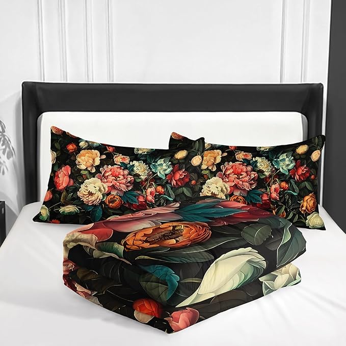 Cute Flower 3 Piece Bedding Set Twin Size，Colorful Floral Ultra Soft Microfiber Comforter Bed Set with 3-Pieces,Flower Comforters Sets for Girl Teen Floral Bedroom Decor with 2 Pillow Shams