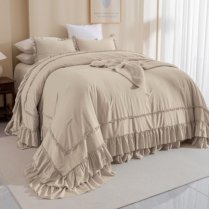 Masaca Ruffled Oversized King Comforter 120x98,Farmhouse Shabby Boho Chic Ruffle California King Comforter Set 3 Pieces French Country Vintage Rustic Bedding for All Season