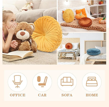 3 Pcs Round Throw Pillows Decorative Velvet Pleated Throw Pillows 15'' Diameter Accent Pumpkin Boho Chair Cushion for Couch Sofa Home Decoration (Yellow, Brown, Blue)