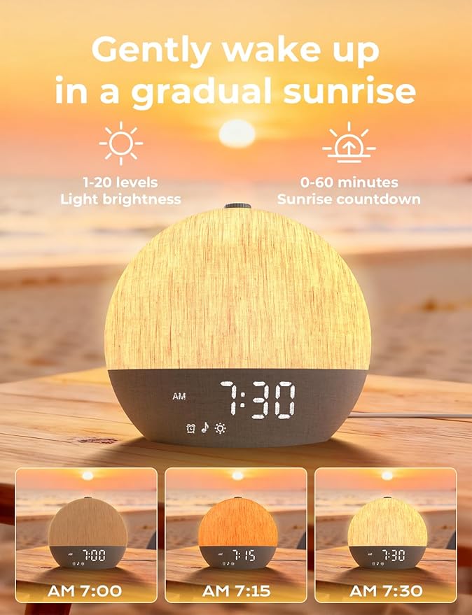 LIORQUE Sunrise Alarm Clock, Digital Alarm Clocks Bedside, 30 Sleep Sounds, Sleep Timer, Adjustable Volume & Brightness,Screen Free Design, Bluetooth, Wake up Light with White Noise for Heavy Sleepers