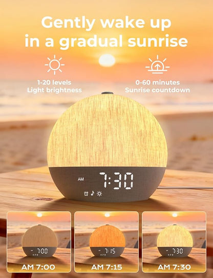 LIORQUE Sunrise Alarm Clock, Digital Alarm Clocks Bedside, 30 Sleep Sounds, Sleep Timer, Adjustable Volume & Brightness,Screen Free Design, Bluetooth, Wake up Light with White Noise for Heavy Sleepers