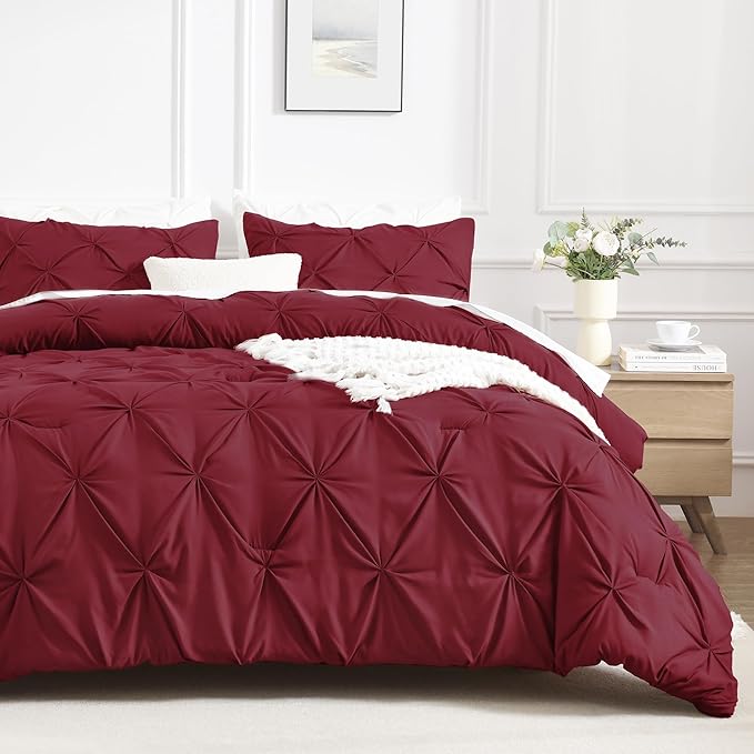 Andency Burgundy Comforter Set King(104x90Inch), 3 Pieces(1 Pinch Pleat Comforter and 2 Pillowcases) All-Season Pintuck Comforter Set, Soft Lightweight Microfiber Bedding Set