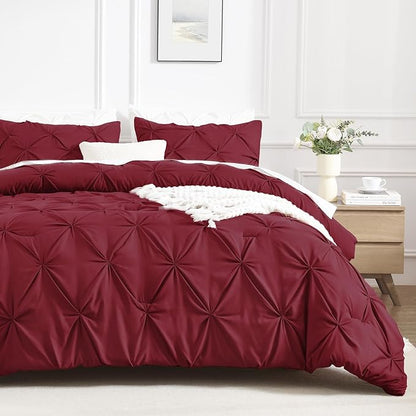 Andency Burgundy Comforter Set King(104x90Inch), 3 Pieces(1 Pinch Pleat Comforter and 2 Pillowcases) All-Season Pintuck Comforter Set, Soft Lightweight Microfiber Bedding Set