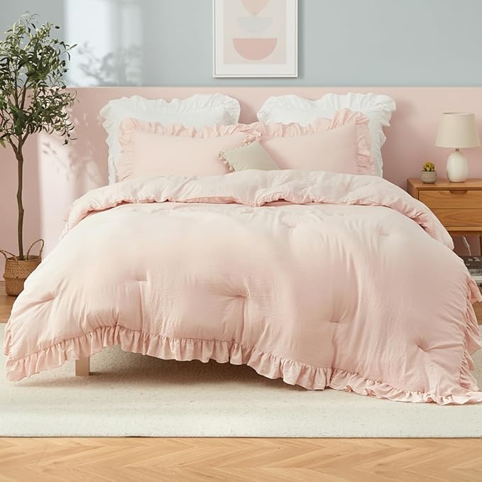 CAROMIO Pink Ruffled Fulll Size Comforter Set, 3PCS Soft Washed Microfiber Lightweight & Fluffy All-Season Bedding Comforter with Vintage French Country Style, Pink, 79x90 in