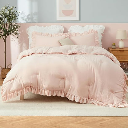 CAROMIO Pink Ruffled Fulll Size Comforter Set, 3PCS Soft Washed Microfiber Lightweight & Fluffy All-Season Bedding Comforter with Vintage French Country Style, Pink, 79x90 in