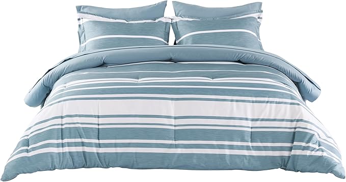 Bedsure King Comforter Set 7 Pieces, Grey Blue Striped Bedding Set for All Seasons, Reversible, Cationic Dyeing Bed in a Bag with Comforter, Sheets, Pillowcases & Shams