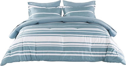 Bedsure Twin Comforter Set 5 Pieces, Grey Blue Striped Bedding Set for All Seasons, Reversible, Cationic Dyeing Bed in a Bag with Comforter, Sheets, Pillowcase & Sham