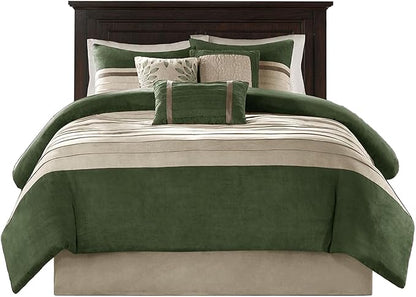 Madison Park Palmer Comforter Set-Luxury Faux Suede Design, Striped Accent, All Season Down Alternative Bedding, Matching Shams, Decorative Pillow, Bed Skirt, King (104 in x 92 in), Green 7 Piece