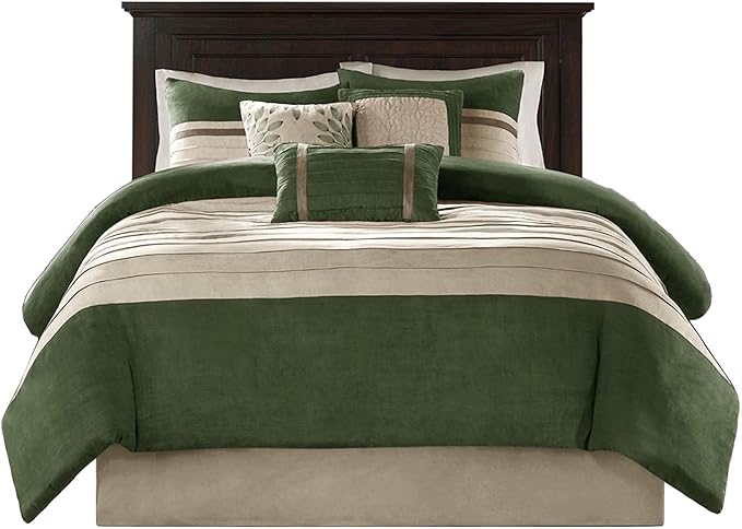 Madison Park Palmer Comforter Set-Luxury Faux Suede Design, Striped Accent, All Season Down Alternative Bedding, Matching Shams, Decorative Pillow, Bed Skirt, Queen (90 in x 90 in), Green 7 Piece