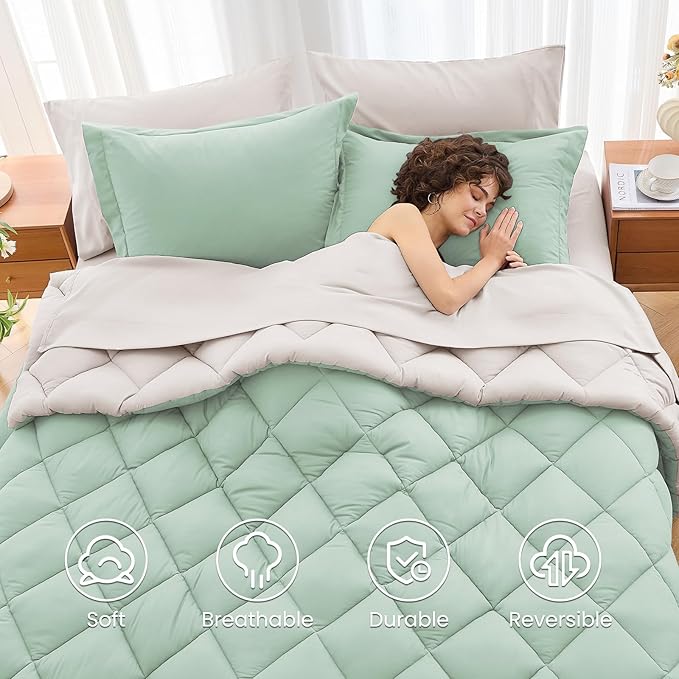 MUXHOMO 5 Pieces Twin Comforter Set, Reversible Bed in a Bag Twin Size, All Season Bedding Set with Comforter, Flat Sheet, Fitted Sheet, Pillowcases & Shams, Sage Green & Beige