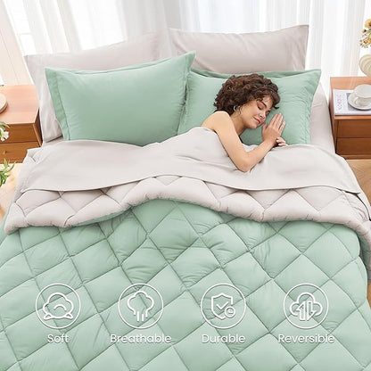 MUXHOMO 5 Pieces Twin Comforter Set, Reversible Bed in a Bag Twin Size, All Season Bedding Set with Comforter, Flat Sheet, Fitted Sheet, Pillowcases & Shams, Sage Green & Beige
