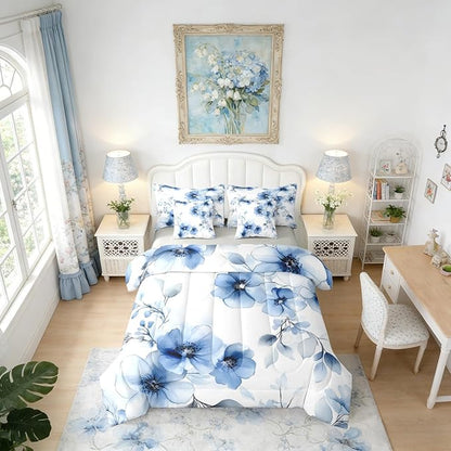 Erosebridal Blue Floral Full 7 Pcs Bedding Set for Women, Boho Flower Comforter Set with Sheets for Girls, Aesthetic Watercolor Flower Chic Bed Sets, Ink Painting Style Blossom & Leaf Bed in A Bag