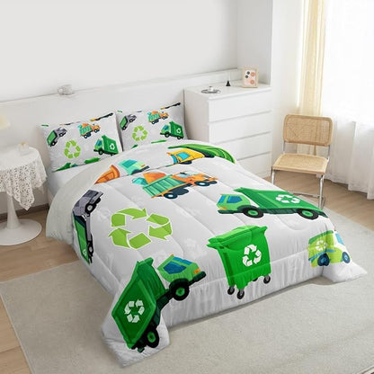 Feelyou Green Garbage Truck Toddler Size Bedding Set Cartoon Trash Truck Comforter Set for Kids Boys Girls Teens Green Vehicle Car Comforter Garbage Truck Toy Duvet Set with 1 Pillow Case