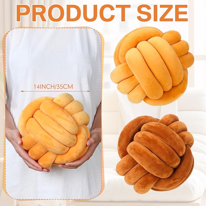 Namalu 2 Pcs Soft Knot Pillow Ball, Decorative Round Throw Knotted Pillows Cushion, Handmade Stuffed Ball Pillows for Winter Bedroom Sofa Couch Home Decor(7.87 Inches,Caramel Color)