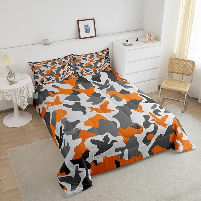 Erosebridal Duck Hunting Duvet Insert Full Size Camo Bedding for Kids Army Camouflage Hunting Bedding Comforter Sets Vintage Yellow Grey Room Decor Wild Animal Duck Rustic Comforter Set
