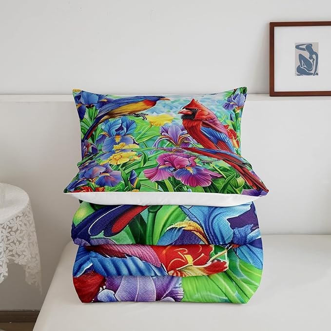 Erosebridal Cardinal Bird Comforter Set Hummingbird Floral Bedding Set King Retro Watercolor Rustic Iris Flowers Quilt Comforter for Kids Adults Country Farmhouse Bed Set Colorful Home Decor