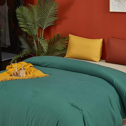 Luxlovery Emerald Green Comforter Set Queen Dark Green Bedding Comforter Set Modern Solid Forest Green Cotton Blanket Quilts Cozy Soft Breathable 1 Comforter with 2 Yellow/Caramel Pillowcases