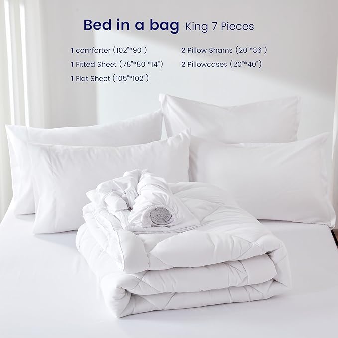 Comforter King Size, 7 Pieces Luxurious All Season Cooling Fluffy Soft Quilted Down Alternative Comforter (102x90 Inch), Box Stitched (White Square, King)