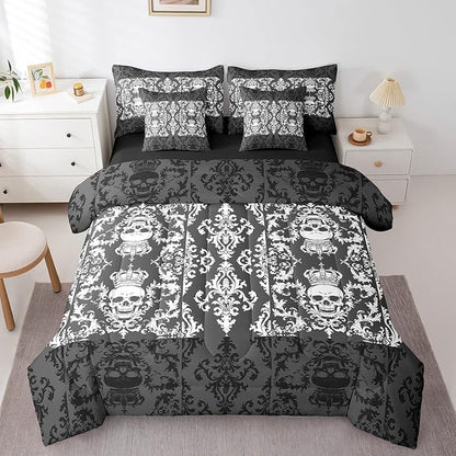 Gothic Skull 7 Piece Comforter Set Full Bed in a Bag,Grey White Damask Bohemian Vintage Flowers Bedding Set,Goth Skeleton Comforter and Sheet Set,Exotic Boho Floral Crown Victorian Antique Decor