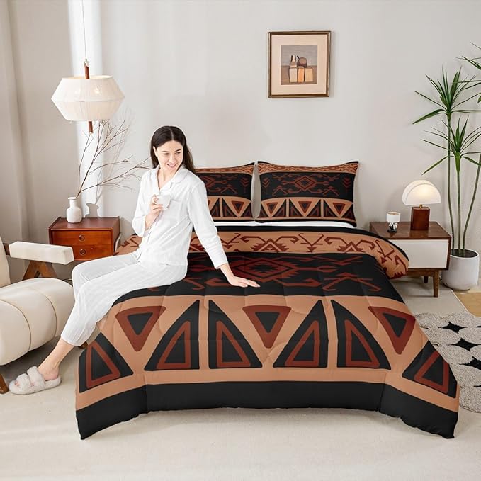 Erosebridal Boys Toddler Rustic Western Comforter Set, Southwestern Aztec Bedding Set for Teens Men Bedroom, Exotic American Native Quilt Vintage Bohemian Geometric Bedding Comforter Sets,Brown Black