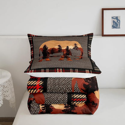 Erosebridal Elephant Comforter Set - Twin, Country Western Farmhouse Bedding Set for Teens, Kids, Boys & Girls - Nature Wild Animals Bedding - Orange Grey Plaid Checkered Down Comforter, 2Pcs