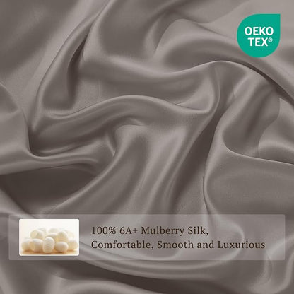 THXSILK 6A+ Top Grade 100% Pure Mulberry Silk Cal. King Fitted Sheet 3Pcs Set Bed Sheets Luxury Bedding for Hair and Skin Cooling Soft Durable, 1 Fitted Sheet with 2 Pillowcases, Charcoal