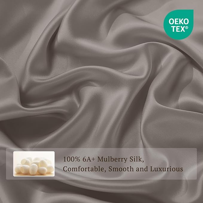 THXSILK 6A+ Top Grade 100% Pure Mulberry Silk Queen Fitted Sheet 3Pcs Set Bed Sheets Luxury Bedding for Hair and Skin Health Oeko-TEX Certified Safety, 1 Fitted Sheet with 2 Pillowcases, Charcoal