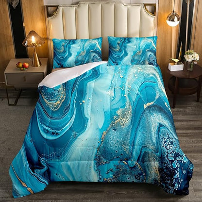Erosebridal Marble Comforter Set,Teal Blue Marble Down Comforter Gold Liquid Quicksand Design Quilted Duvet,Turquoise Decorative 2 Piece Bedding Set with 1 Pillow Sham,Twin Size