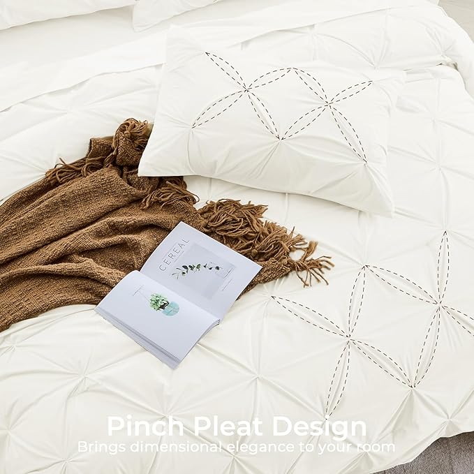 Sasttie Twin XL Comforter Set, 5-Piece Bed in a Bag, Pintuck Bedding Sets for All Season, Includes Comforter, Flat Sheet, Fitted Sheet, Pillowcase and Pillowsham, Ivory