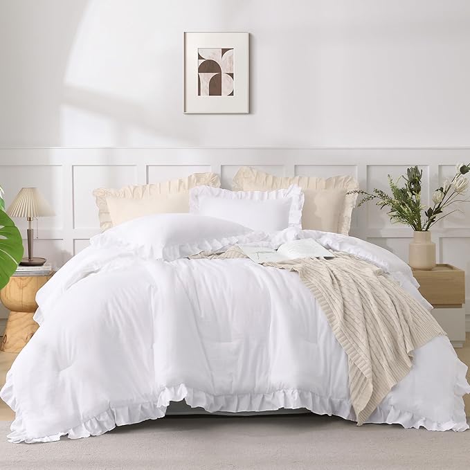 Andency White Comforter Queen Size, 3 Pieces Ruffle Shabby Chic Farmhouse Queen Comforter Sets, All Season Lightweight Fluffy Room Decor Bed Set for Girls Women Teens Gift Choice