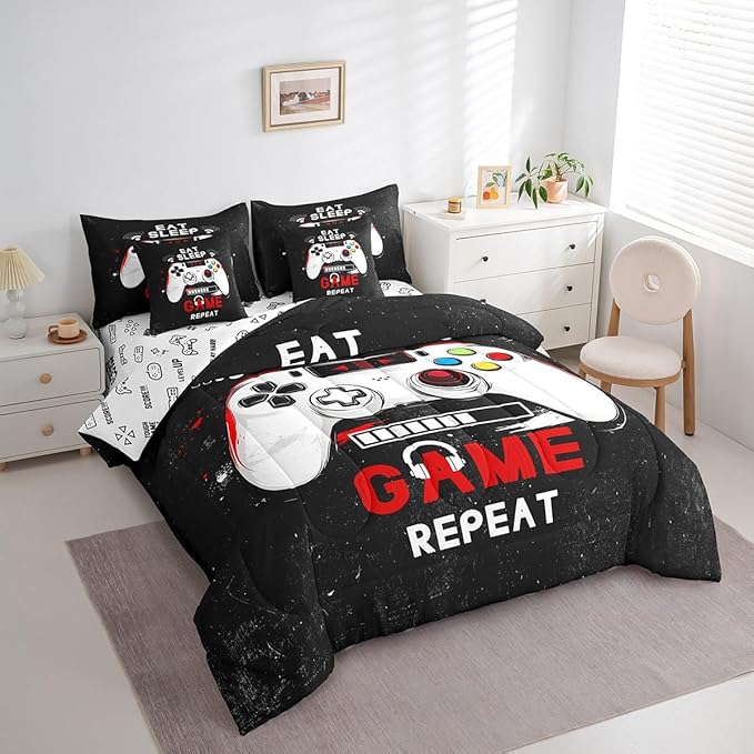 jejeloiu Eat Sleep Game 7 Piece Bedding Set King Size Cartoon Gamer Comforter Set with Sheets for Kids Boys Girls Modern Game Bed in a Bag Black Red Bed Set